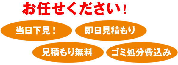 お任せください!当日下見!即日見積もり!見積もり無料!ゴミ処分費込み!